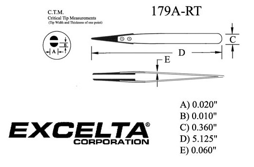 Excelta 179A-RT Straight Soft Replaceable .020in. Tip 5in. Copolymer Tweezer specs